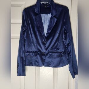 Miss Ashley M Navy Blue Lined 2 Buttons Pockets Satin Women's Blazer